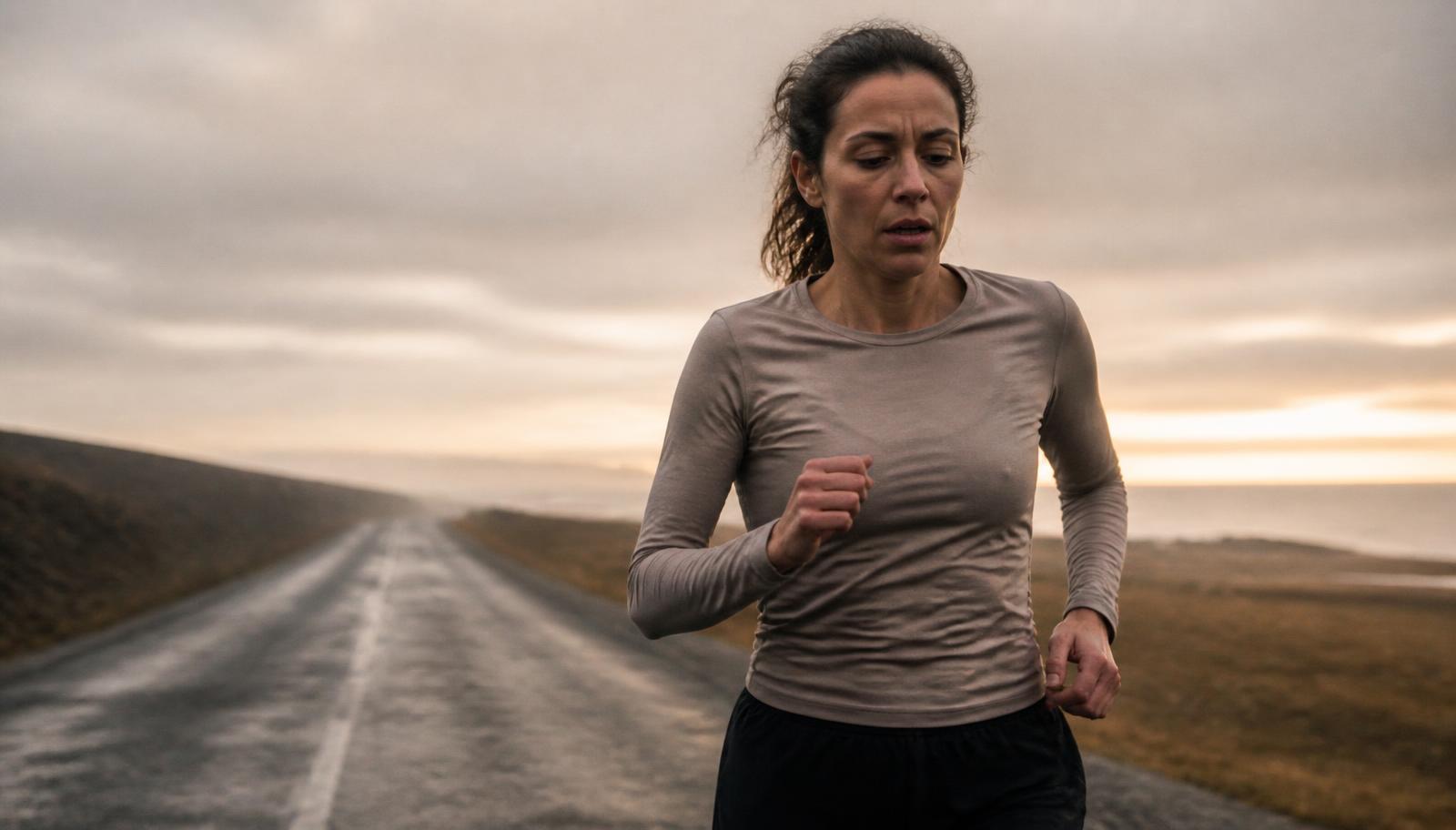 A tired female endurance runner mid-run on an empty road at dawn