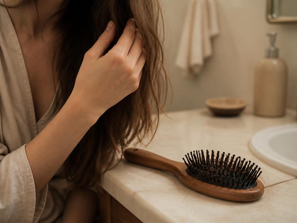 A hand running through hair beside a hairbrush on a counter